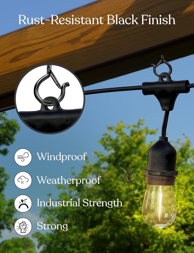 brightech String Light Screw Hooks - Ceiling Hooks for Hanging Solar, Plug-in Lights, Outdoor String Lights - Q Hooks with Safety Buckle Design for Porch, Patio - 32 Pack, Black, AMB-HKS-32 - Image 3